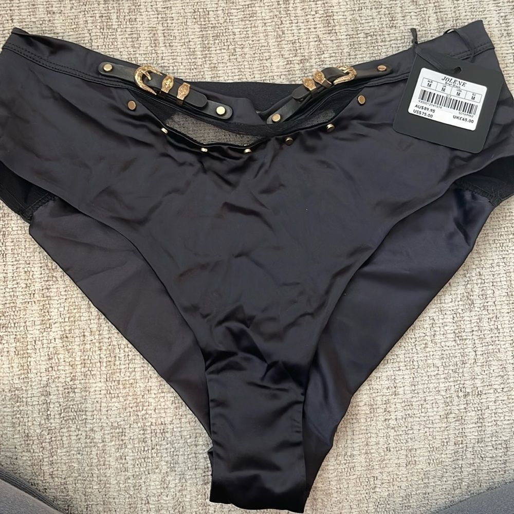 Honey Birdette Jordyn Black Satin High-Cut Briefs with Gold Hardware